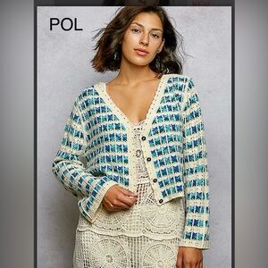 BP219-5💙🤍POL fun Blue+ Cream cardigan sweater in vibrant hues+shorter length!